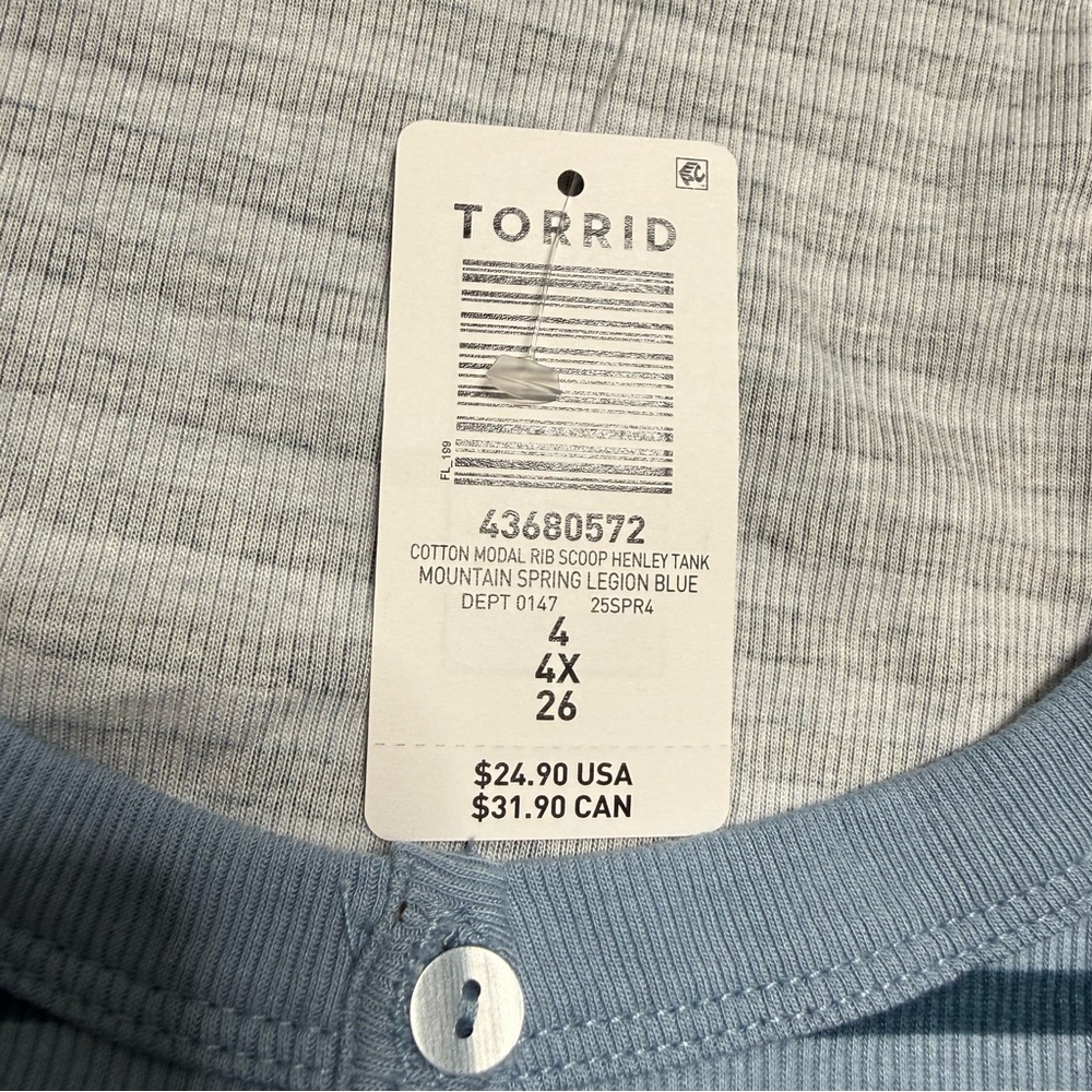 Torrid Ribbed Scoop Henley Neck Blue Striped Tank Top Women's 4X NWT - Picture 3 of 9
